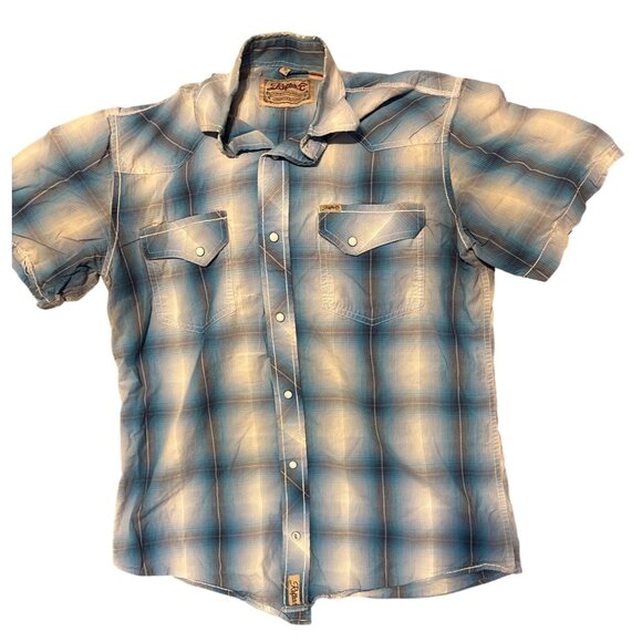 Rafter C Mens Western Plaid Pearl Snap Button Short Sleeve Shirt Sz M Cowboys - Picture 1 of 8